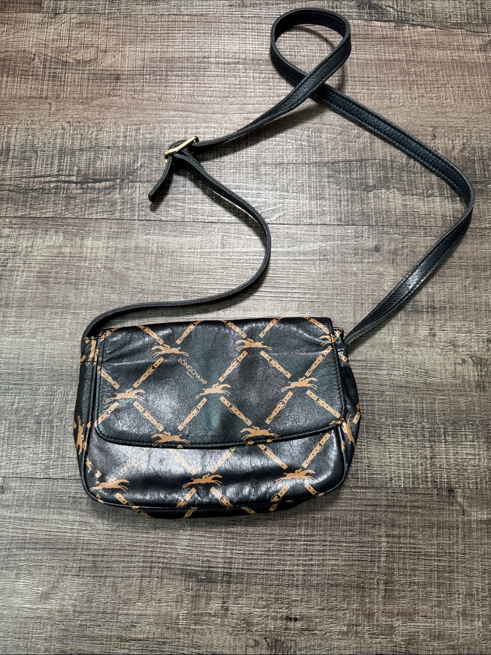 Longchamp vintage Black Crossbody Bag with Tan Logo Pattern
